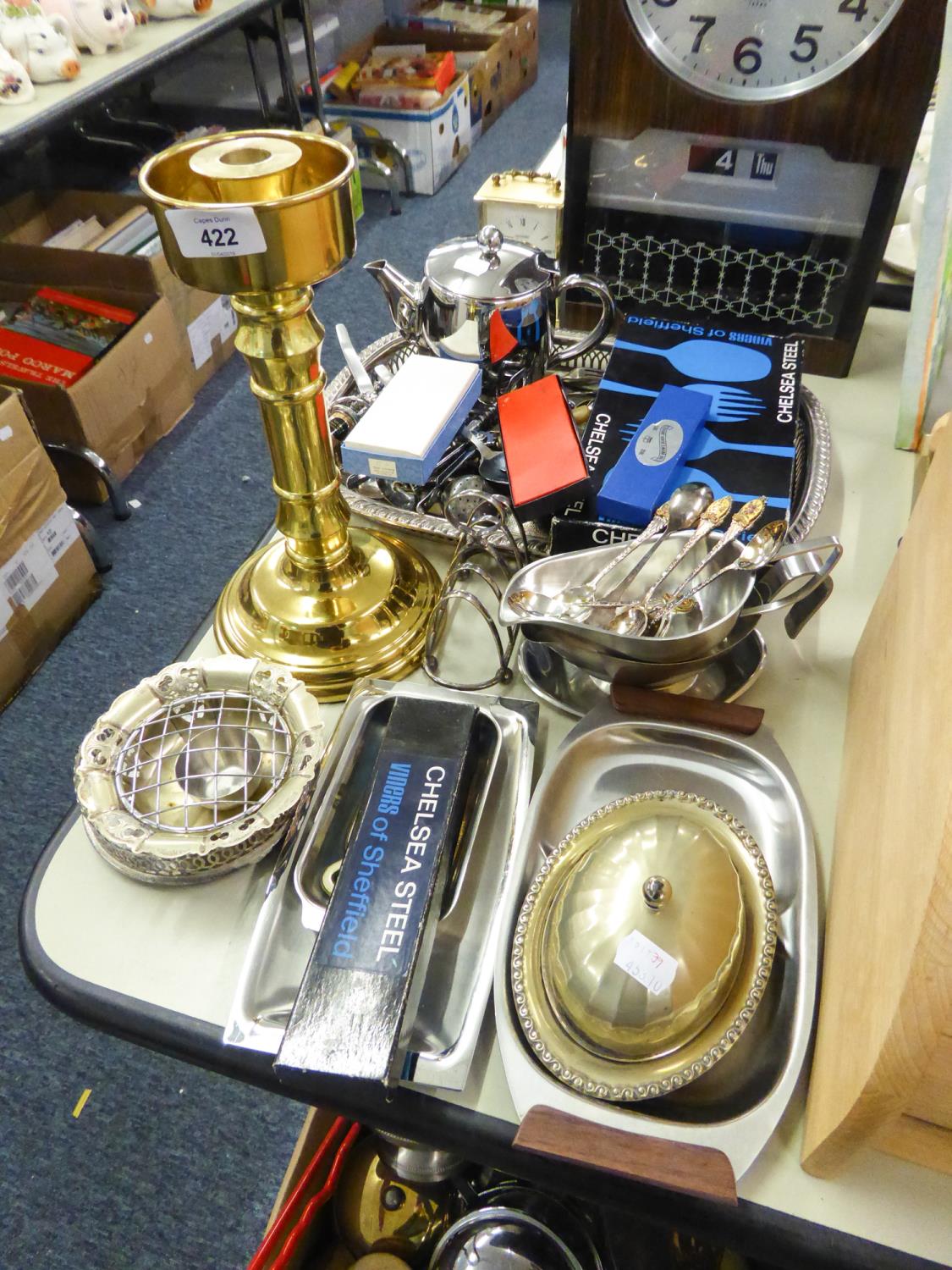 QUANTITY OF EPNS CUTLERY, STAINLESS STEEL TEAPOT, GRAVY BOATS, A BRASS CANDLE STAND ETC.....