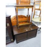 LARGE STAINED WOOD BEDDING BOX, OAK OCCASIONAL TABLE, ON SPIRAL COLUMN LEGS AND A PAIR OF DUCAL PINE
