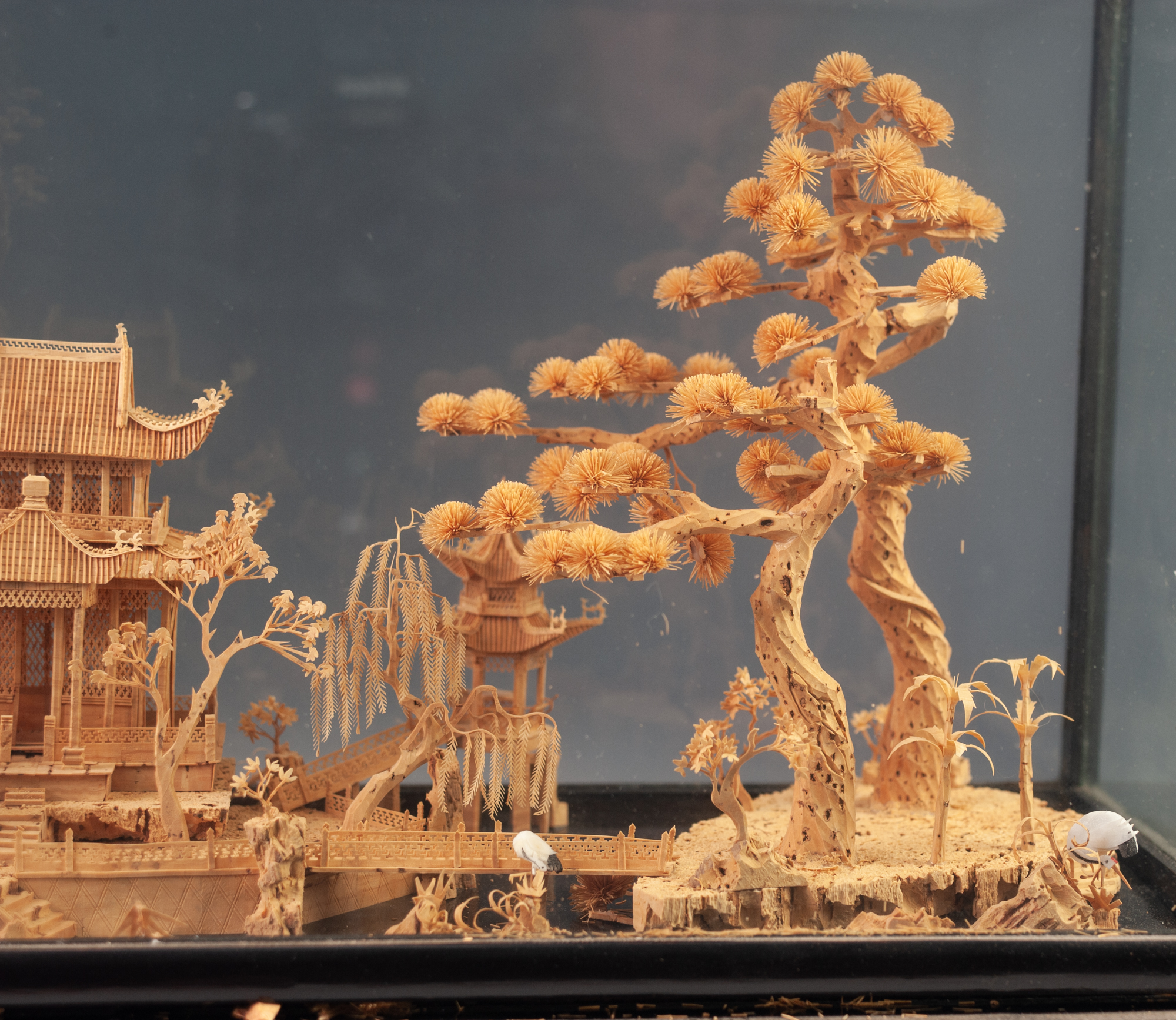 EARLY TWENTIETH CENTURY ORIENTAL CARVED CORK DIORAMA, depicting a temple and trees in a river - Image 4 of 6