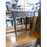 A MAHOGANY SMALL OBLONG TABLE WITH CANTED CORNERS AND A SMALL DRAWER, 18" WIDE