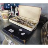 VICTORIAN ELECTROPLATED ENGRAVED FISH SERVERS WITH CARVED IVORY HANDLES, IN CASE; A CASED SET OF