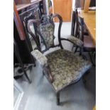 A MATCHING PAIR OF MAHOGANY DRAWING ROOM ARMCHAIRS WITH FLORAL PATTERN OVERSTUFFED SEATS AND BACKS