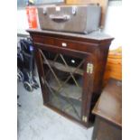 ANTIQUE FLAT FRONTED GLAZED MAHOGANY CORNER CUPBOARD, with exposed brass butterfly hinges, fancy