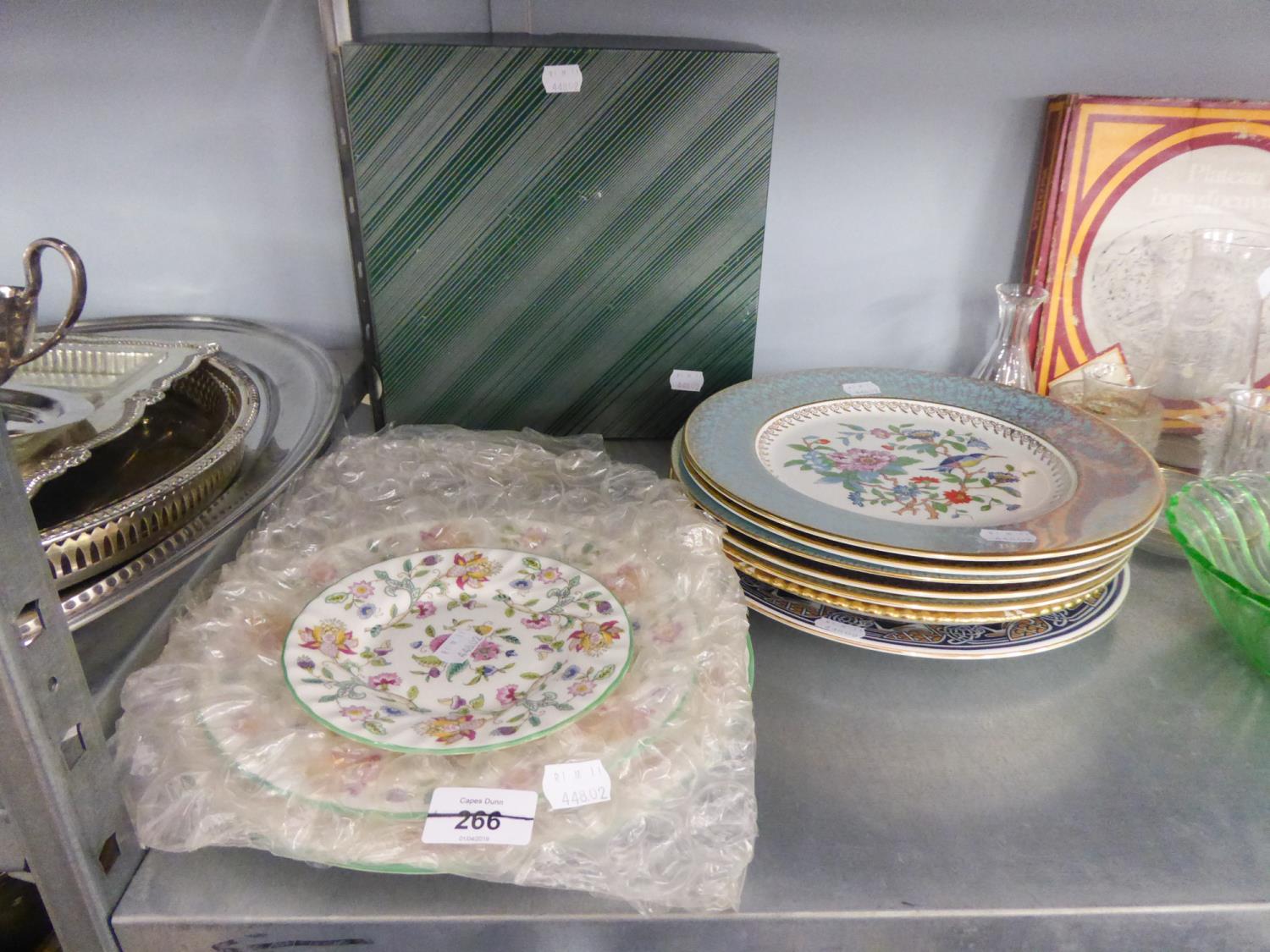 SIX AYNSLEY AND TWO OTHER CHINA RACK PLATES; AND A BOXED 'HADDON HALL' TWO TIER CAKE STAND (8)