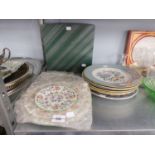 SIX AYNSLEY AND TWO OTHER CHINA RACK PLATES; AND A BOXED 'HADDON HALL' TWO TIER CAKE STAND (8)