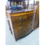 A NINETEENTH CENTURY BOW-FRONTED CHEST OF TWO SHORT OVER THREE LONG DRAWERS ON SPLAYED BRACKET FEET