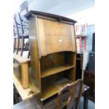 A NARROW OAK OPEN BUREAU BOOKCASE, DROP FRONT SECTION OVER TWO OPEN SHELVES