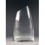 1970's CLEAR GLASS VASE, IN THE MODERNIST STYLE, OF SLIGHTLY FLATTENED, TAPERING FORM WITH SOLID