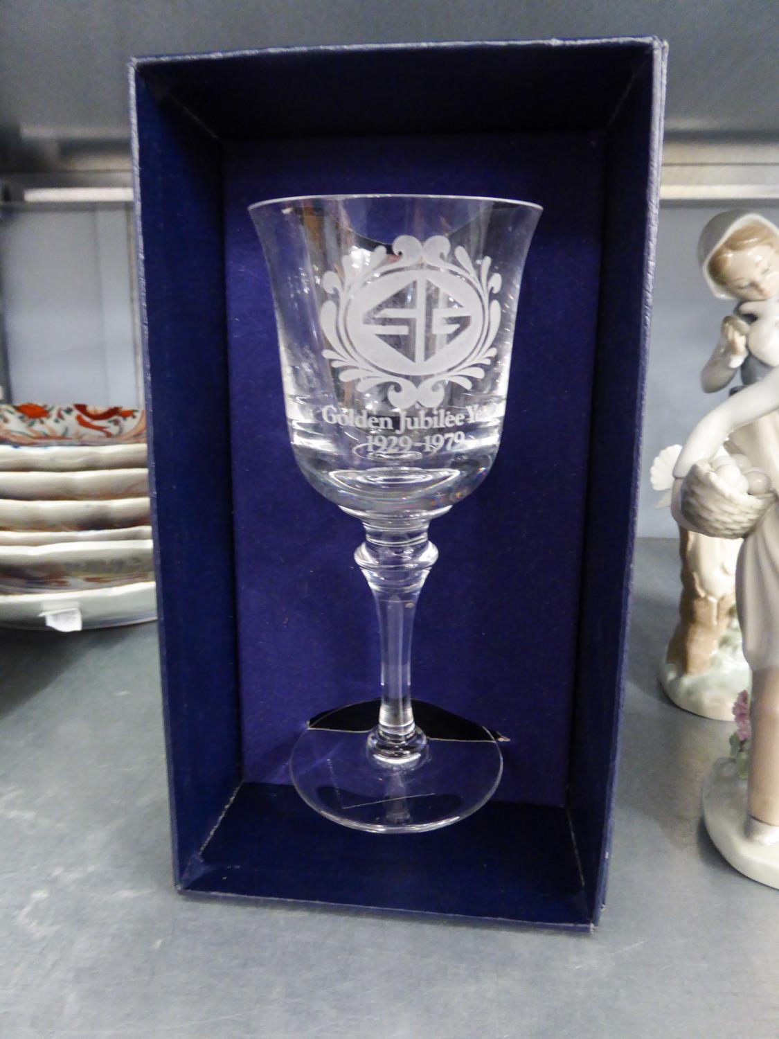 BOXED WHITEFRIARS 'GOLDEN JUBILEE YEAR' COMMEMORATIVE GLASS GOBLET', 1929-1979, of typical form, the