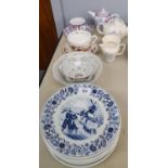 SIX ROYAL SPHINX DELFT PLATES, THREE CLUJ-NAPOCA RIMMED BOWLS AND A CROWNFORD TEAPOT, MILK JUG AND