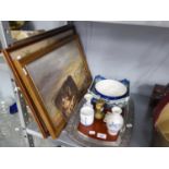 A SMALL UNFRAMED VICTORIAN WATERCOLOUR 'TWO MEN IN STOCKS' AN AMATEUR OIL PAINTING SIGNED L.E.