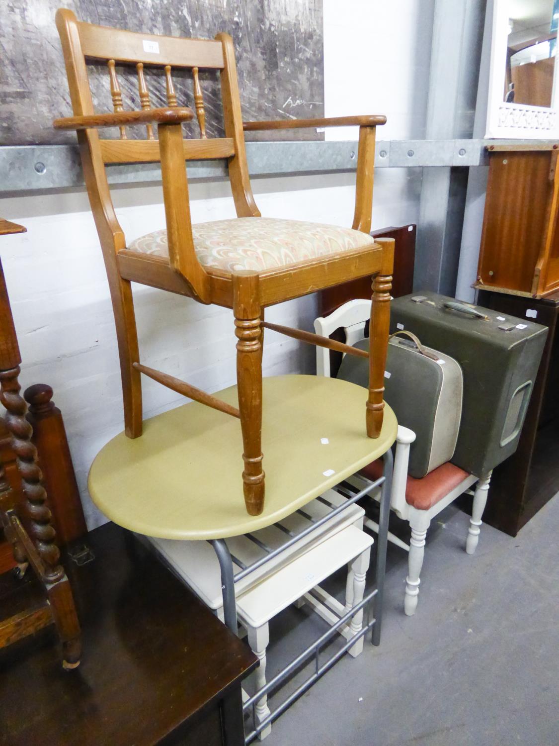 TWO OPEN ARMCHAIRS, TWO OBLONG WHITE PAINTED COFFEE TABLES AND A METAL FRAMED TABLE