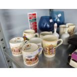 SEVEN ROYAL MEMORABILIA MUGS. TOGETHER WITH HAND BELLS, A BLUE GLASS BRANDY BALLOON ETC....