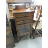 AN EDWARDIAN INLAID MAHOGANY SHEET-MUSIC CABINET WITH GLASS FRONTED CUPBOARD BELOW