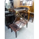 A REPRODUCTION MAHOGANY BRASS CORNERED BUTLERS TRAY ON FOLDING STAND, ALSO A HARDWOOD COFFEE TABLE