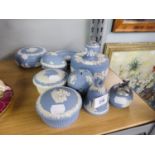 ELEVEN PIECES OF WEDGWOOD BLUE AND WHITE JASPER WARES