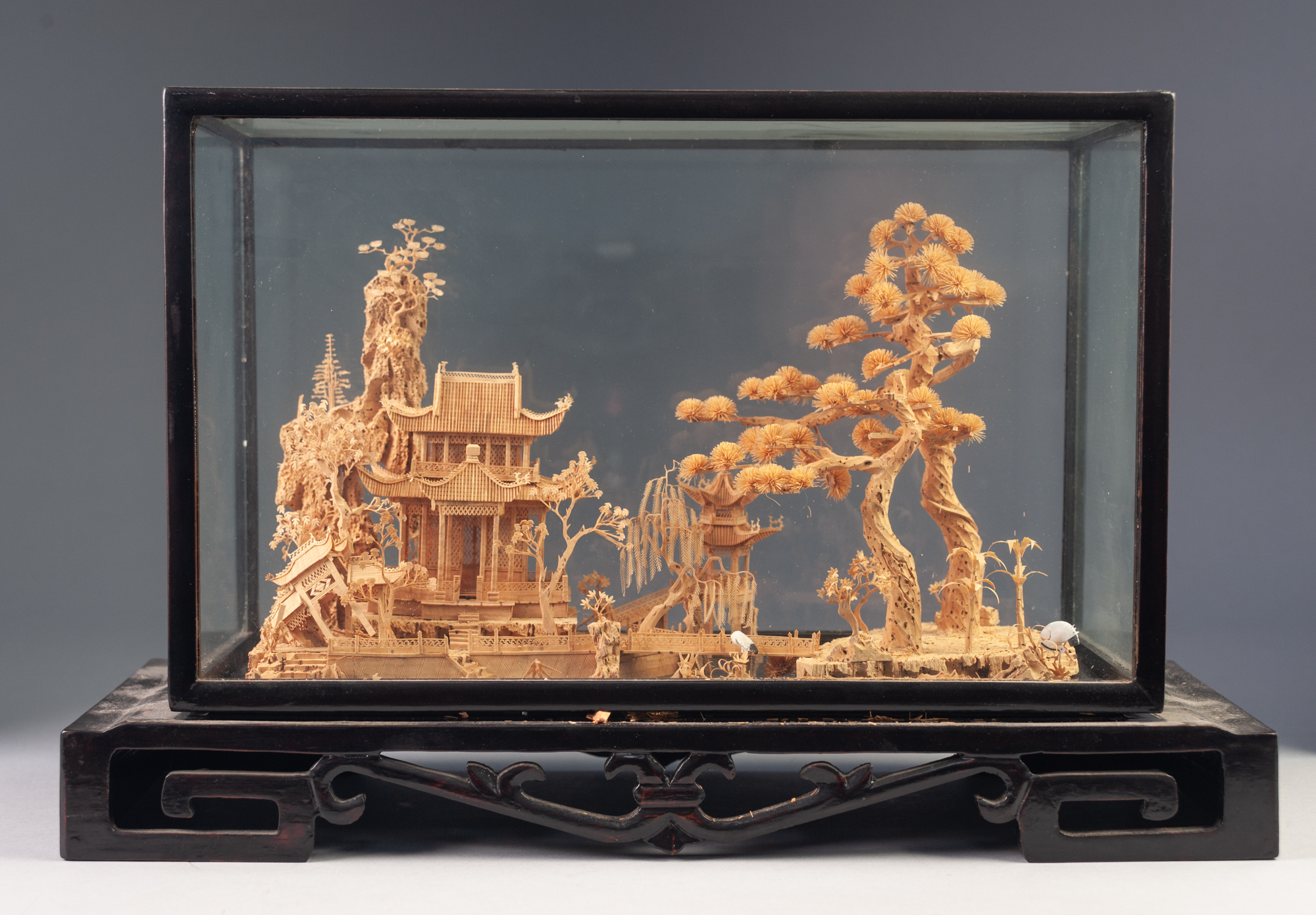 EARLY TWENTIETH CENTURY ORIENTAL CARVED CORK DIORAMA, depicting a temple and trees in a river - Image 6 of 6