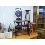 A GOOD QUALITY OAK SMALL TABLE/MAGAZINE RACK, A THREE TIER CAKE STAND, A TALL OAK PLANT STAND AND