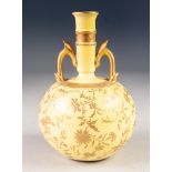 LATE NINETEENTH CENTURY MINTONS TWO HANDLED CHINA VASE, of globular form with angular gilt handles