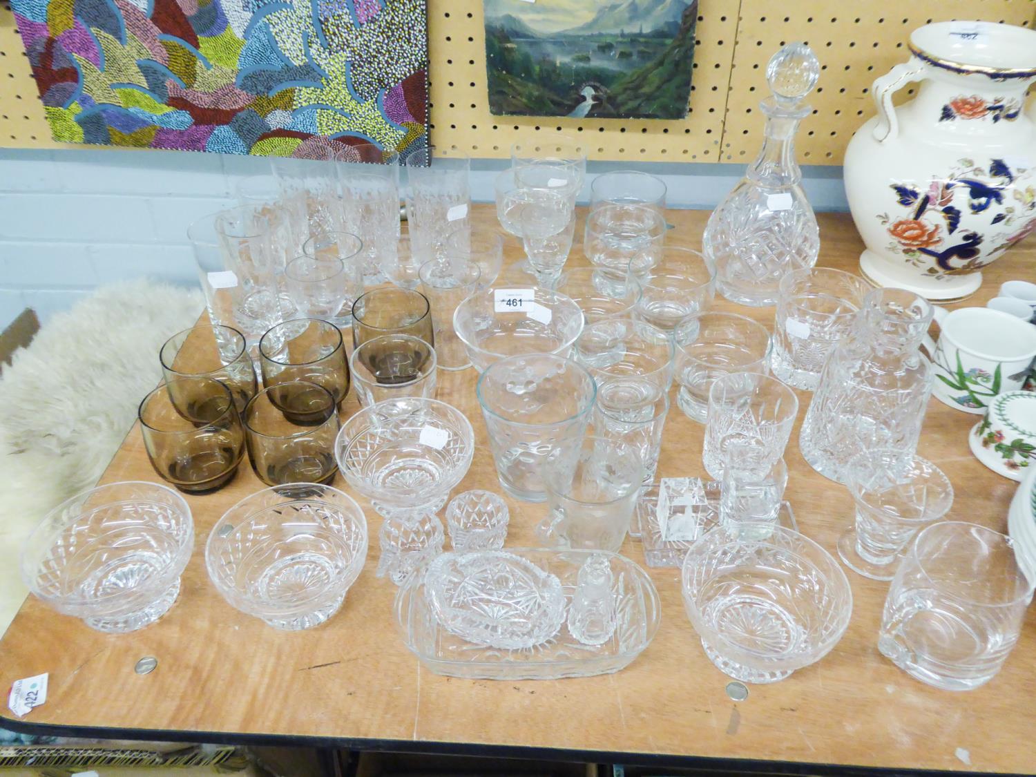 SELECTION OF CUT GLASS DRINKING GLASSES TO INCLUDE 'STUART' TUMBLER AND WATER JUG, FRUIT BOWLS,