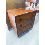 VICTORIAN MAHOGANY CHEST OF DRAWERS, HAVING THREE GRADUATED DRAWERS WITH TURNED HANDLES RAISED ON