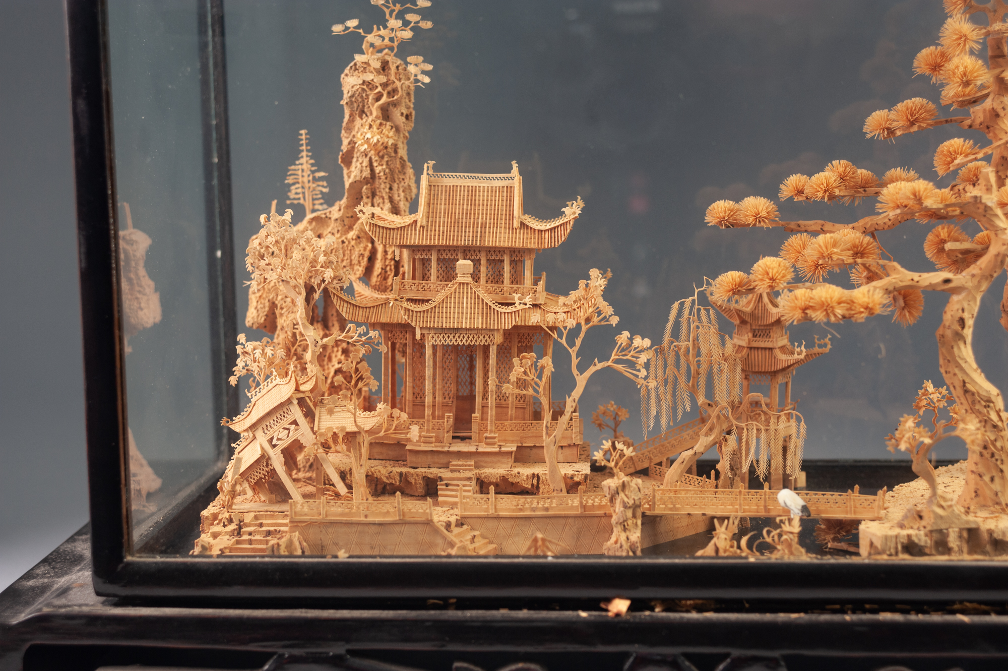 EARLY TWENTIETH CENTURY ORIENTAL CARVED CORK DIORAMA, depicting a temple and trees in a river - Image 2 of 6