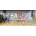 SET OF SIX TALL COLOURED GLASS CHAMPAGNE FLUTES, QUANTITY OF MODERN STEM DRINKING GLASSES AND A