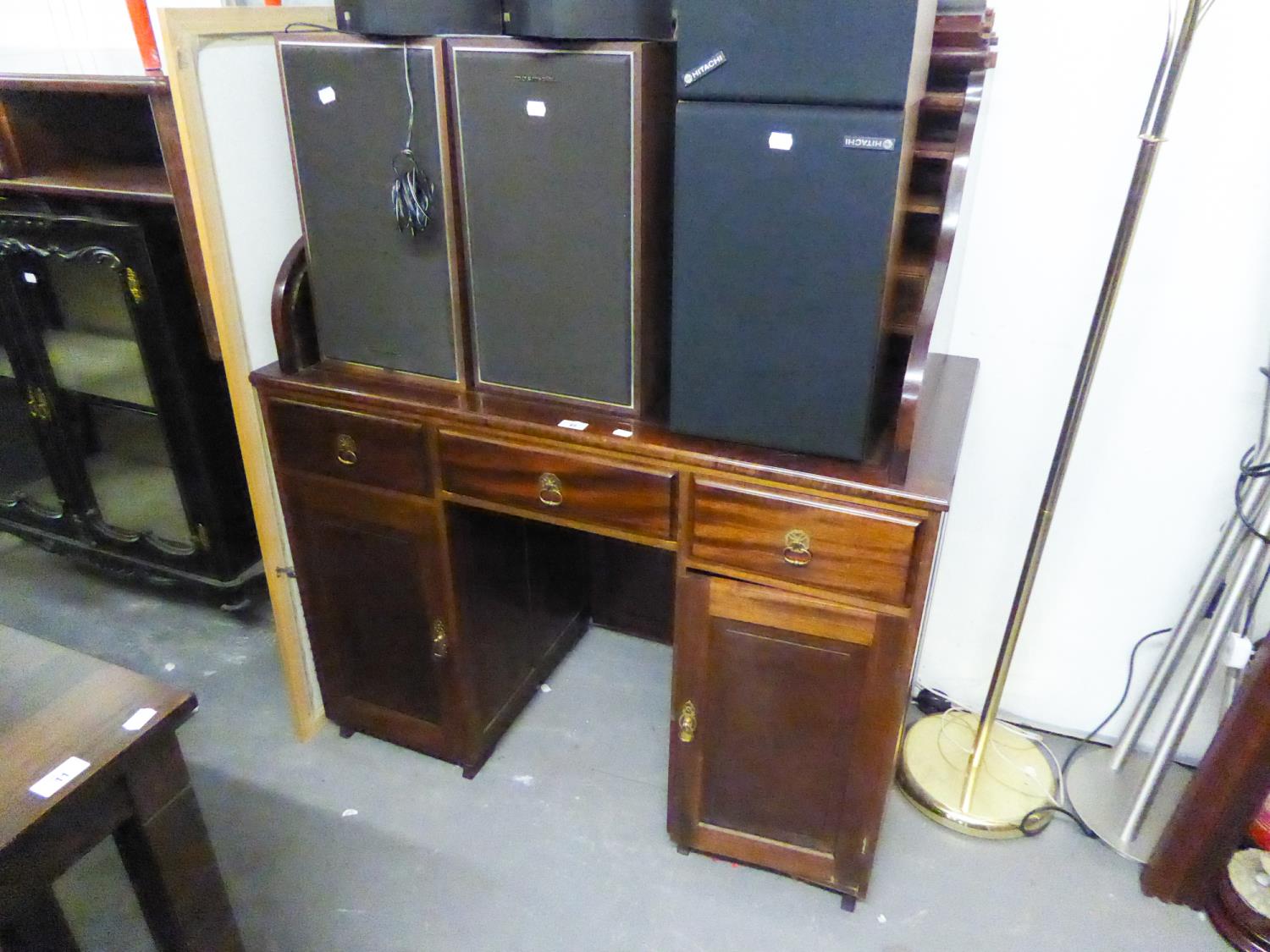 REPRODUCTION WRITING DESK WITH ROLL-TOP (DETACHED), LEATHER TOP, CUPBOARDS AND DRAWERS TO THE FITTED