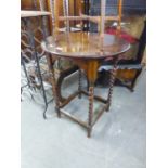 OAK OCCASIONAL TABLE, HAVING SPIRAL LEGS, CIRCULAR TOP AND THREE 2 TIER PLANT STANDS (4)