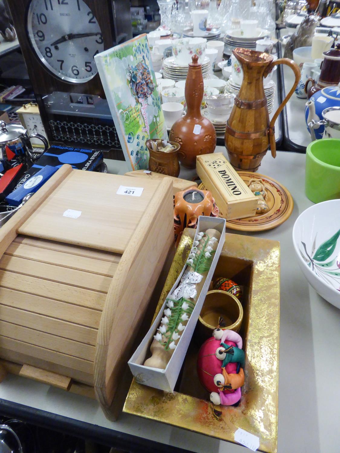 SELECTION OF WOODEN ITEMS, WATER JUG, SMALL BREAD BIN ETC....