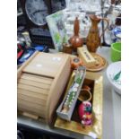 SELECTION OF WOODEN ITEMS, WATER JUG, SMALL BREAD BIN ETC....