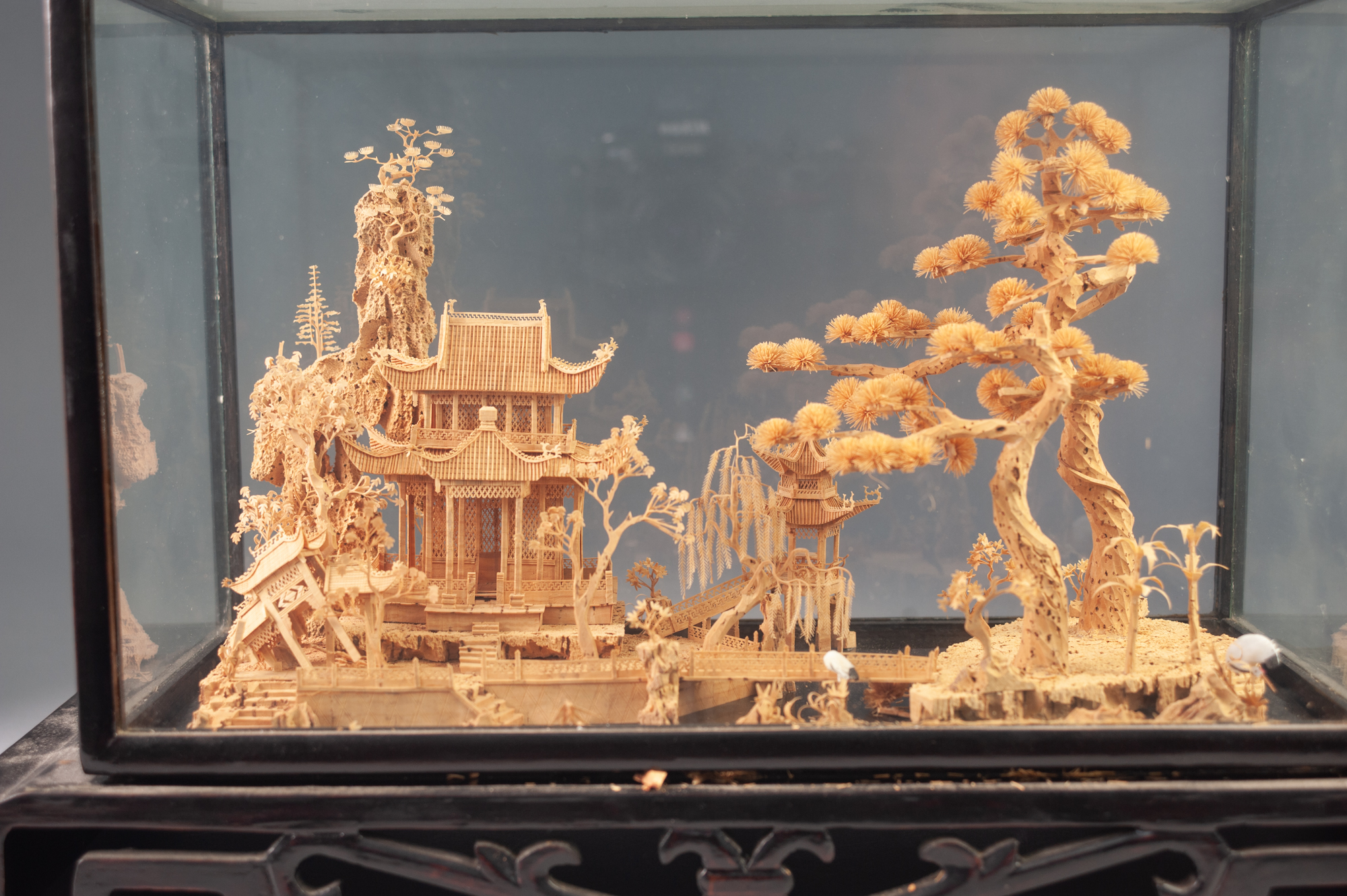 EARLY TWENTIETH CENTURY ORIENTAL CARVED CORK DIORAMA, depicting a temple and trees in a river - Image 3 of 6