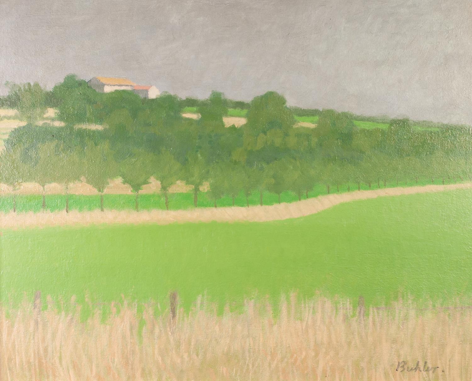 ROBERT BUHLER (1916-1989) OIL ON BOARD Rural landscape with buildings in the distance Signed 17 ½” x