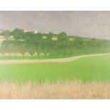 ROBERT BUHLER (1916-1989) OIL ON BOARD Rural landscape with buildings in the distance Signed 17 ½” x