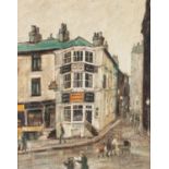 •ARTHUR DELANEY (1927-1987) OIL ON BOARD Street scene with figures and public house Signed 10” x