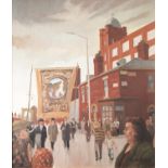 ROGER HAMPSON (1925 - 1996) OIL PAINTING ON CANVAS 'Whit Walk in Shuttle Street, Tyldesley' Signed