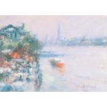 •MARC GRIMSHAW (b.1957) PASTEL DRAWING Venetian lagoon scene Signed 7 1/2" x 10 1/2" (19.1cm x 26.