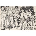 •PAT COOKE (1935-2000) PEN AND INK DRAWING Football fans, Everton boys and Liverpool girls Signed an