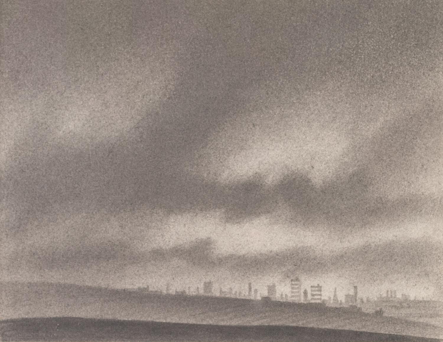 •TREVOR GRIMSHAW (1947-2001) PENCIL DRAWING Landscape with industrial city in the distance Signed