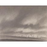 •TREVOR GRIMSHAW (1947-2001) PENCIL DRAWING Landscape with industrial city in the distance Signed