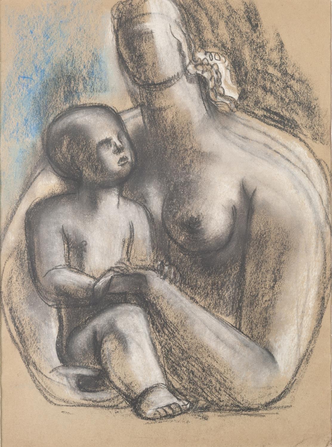 •FRANK DOBSON (1886-1963) BLACK, WHITE AND BLUE CHALK DRAWING ON BUFF PAPER 'Study of a Mother and