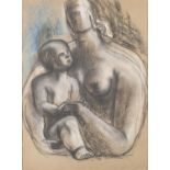 •FRANK DOBSON (1886-1963) BLACK, WHITE AND BLUE CHALK DRAWING ON BUFF PAPER 'Study of a Mother and