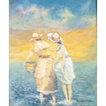 SAMUEL CHURBA (b.1925) OIL PAINTING Two women paddling, one carrying a basket Signed 23 ½” x