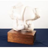 •DAWN ROWLAND (20th/21st CENTURY) CARVED WHITE ALABASTER MOUNTED ON WOODEN BASE ‘Adams Rib