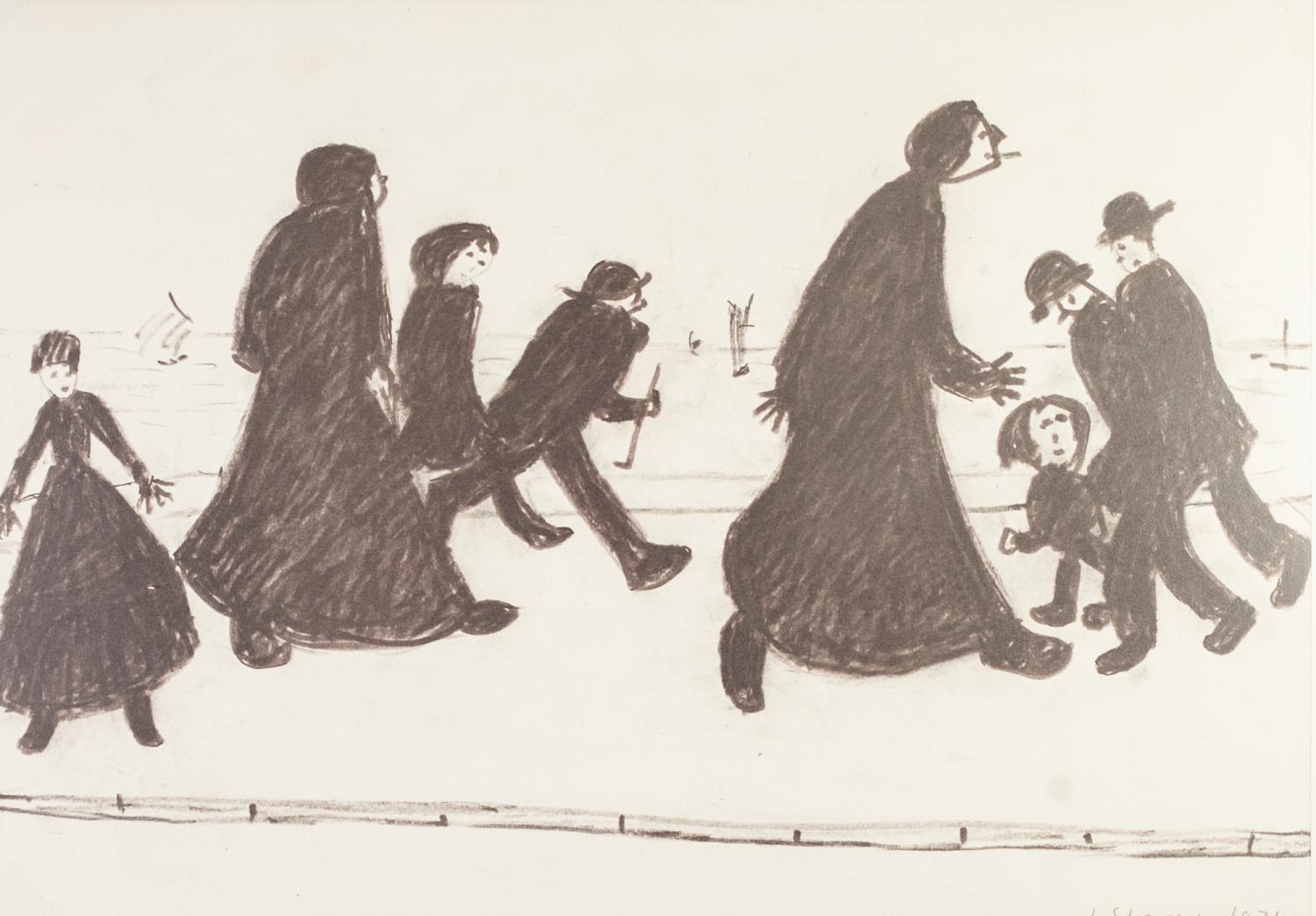 L. S. LOWRY (1880-1976) REPRODUCTION PRINT AFTER BLACK FELT PEN DRAWING (1971) OF 'ON A PROMENADE'