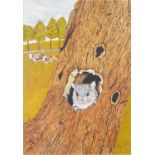 JAMES LLOYD (1920-2008) MIXED MEDIA A naive subject of a grey squirrel peering through a hole of a