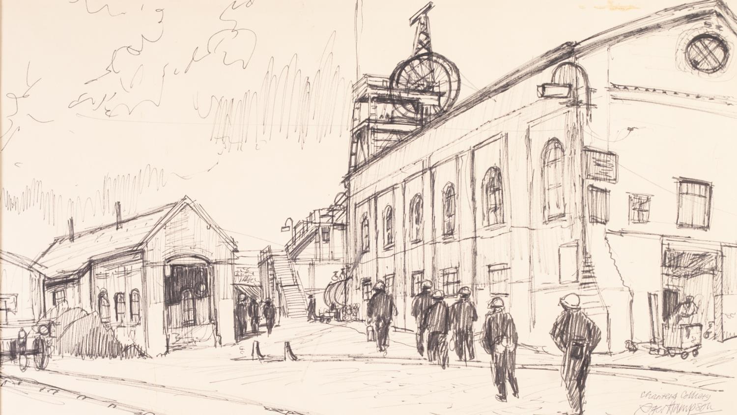 ROGER HAMPSON (1925 - 1996) PEN AND INK DRAWING 'Chanter Colliery', miners arriving for a shift