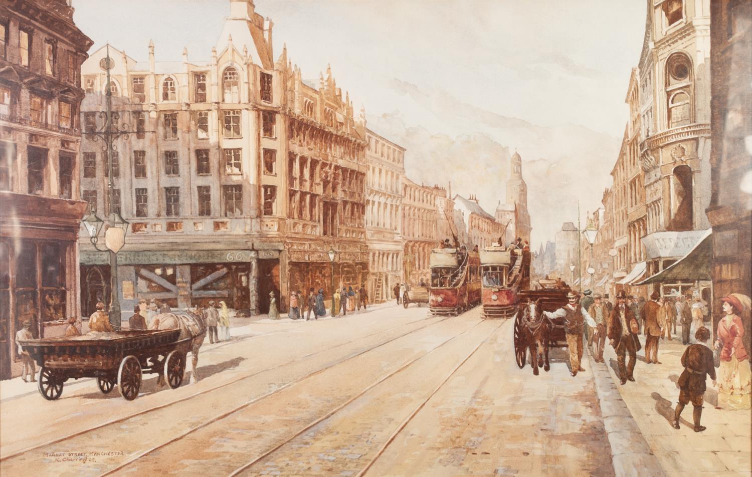 K. CHERRINGTON WATERCOLOUR DRAWING 'Market Street, Manchester' with trams and horsedrawn wagons