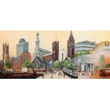 BERNARD McMULLEN (1952 - 2015) OIL PAINTING ON BOARD 'Manchester Montage' Signed lower right 33" x