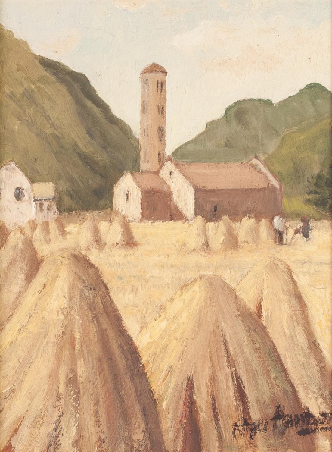 ROGER HAMPSON (1925 - 1996) OIL PAINTING ON BOARD 'Santa Coloma, Andorra', wheatfield, farm